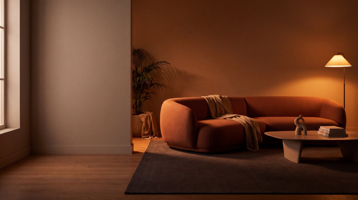 A living room at dusk with a curved rust-coloured sofa, a woven rug and a lit floor lamp, rendered with Skip Shoot